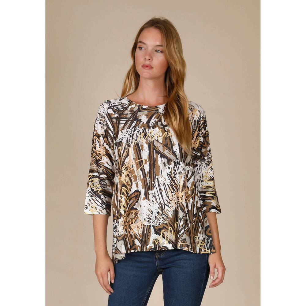 NEW INOAH scribble wood pinhole top in gold/black multi